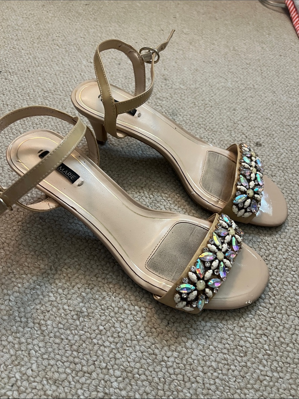 Alex Marie Nude Patent Heeled Sandals with Multi-Color Crystal Toe Band